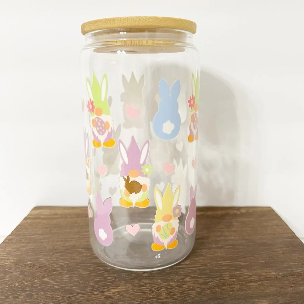 Bunny and Gnome Print Libbey Glass Can with Bamboo Lid and Straw